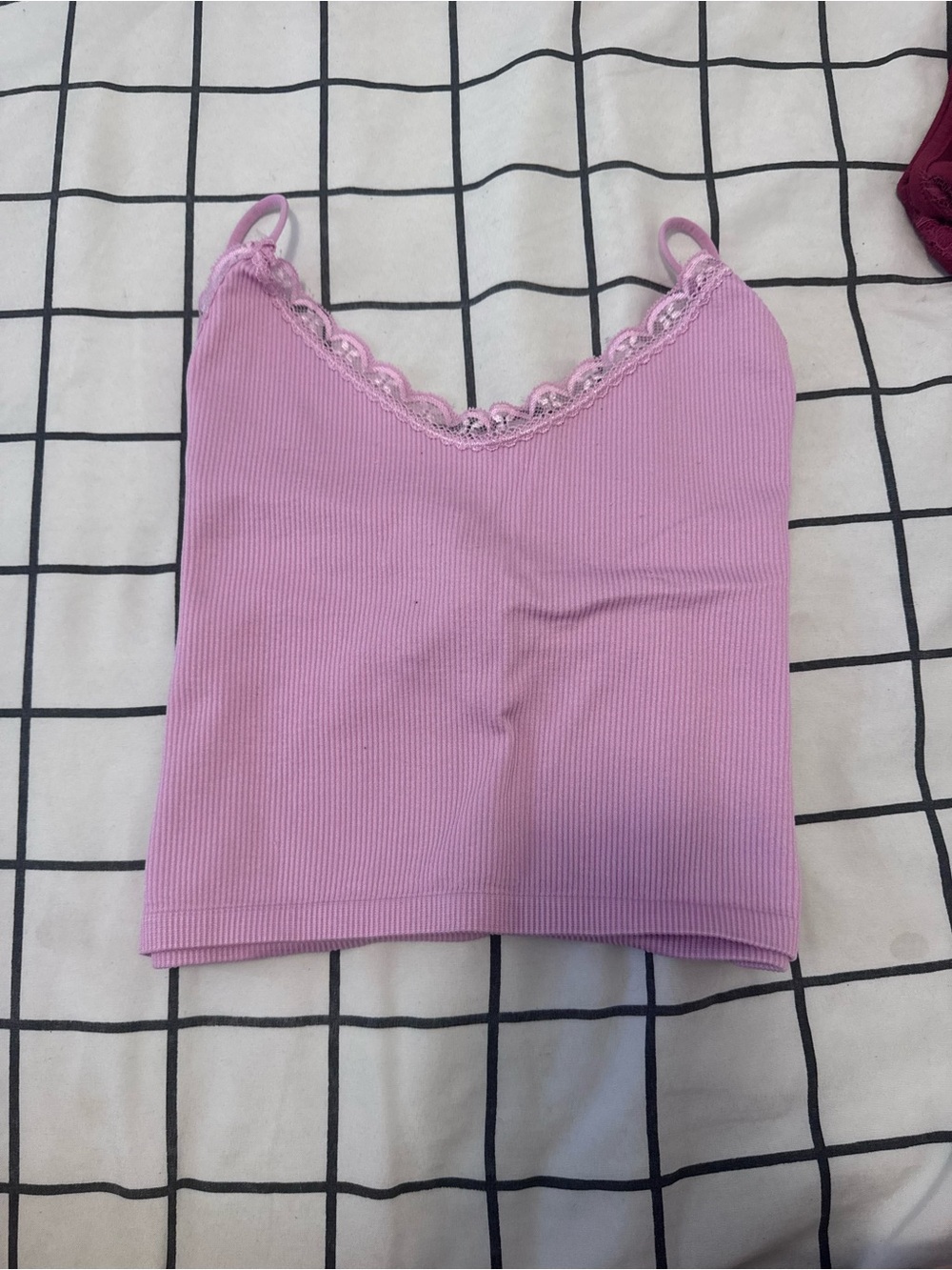Ribbed Lace-Trim Camisole Tank - Light Pink